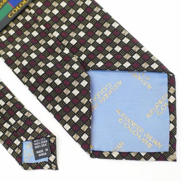 Alexander Julian Colours Black Tan Maroon Red Wide Print Geometric Silk Tie - Picture 6 of 7